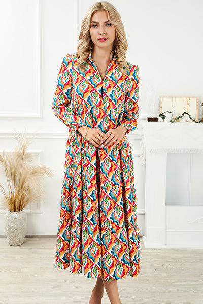 Multicolor Abstract Geometric Print Long Sleeve High Waist Dress-Dresses-MomFashion