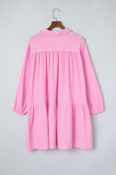 Pink Turn-down Neck Textured Bubble Sleeve Dress-Dresses-MomFashion