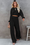 Black Corded Cropped Pullover and Wide Leg Pants Set-Loungewear-MomFashion