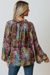 Multicolor Vibrant Floral Tie V Neck Puff Sleeve Blouse-Tops-MomFashion