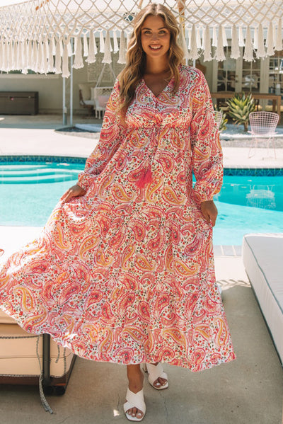 Orange Boho Holiday Paisley Print Tiered Long Sleeve Maxi Dress-Dresses-MomFashion