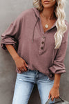 Buttoned High and Low Hem Hoodie-Tops-MomFashion