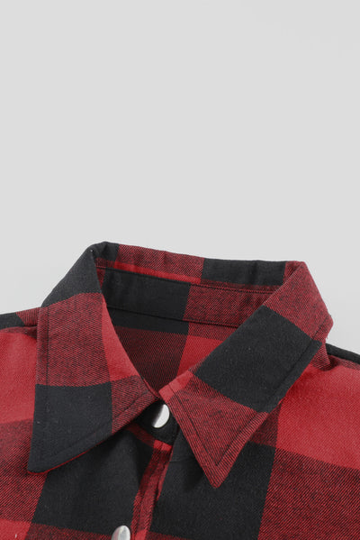 Fiery Red Turn-down Collar Plaid Shirt Coat-Outerwear-MomFashion