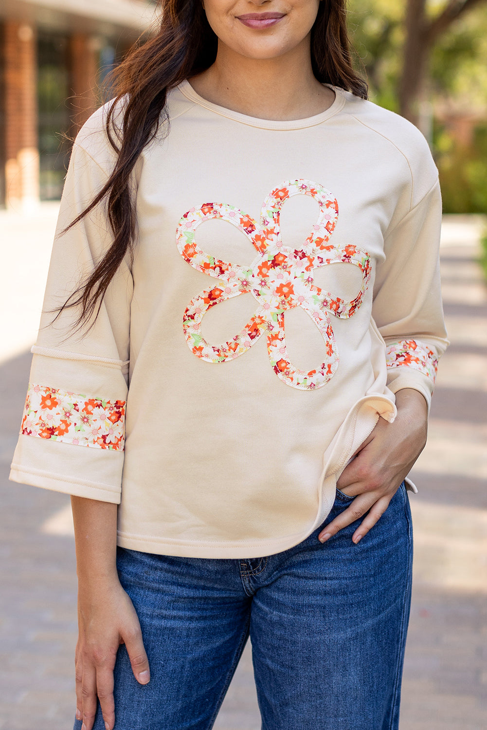 Beige Flower Patch Graphic Exposed Seam Wide Sleeve Top-Graphic/Graphic Long Sleeve Tees-MomFashion