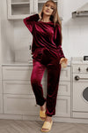 Fiery Red Solid Velvet Two Piece Lounge Set-Loungewear-MomFashion