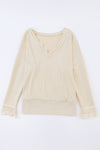 Apricot Ribbed Texture Lace Trim V Neck Long Sleeve Top-Tops-MomFashion