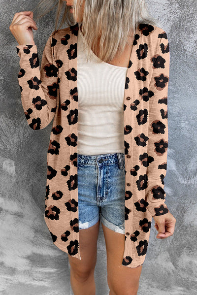 Leopard Printed Open Front Cardigan-Tops-MomFashion