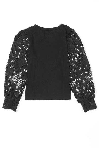 Black Crochet Sleeve Crew Neck Blouse-Tops-MomFashion