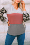 Fiery Red Wild Leopard Contrast Sleeve Colorblock Waffle Knit Top-Tops-MomFashion