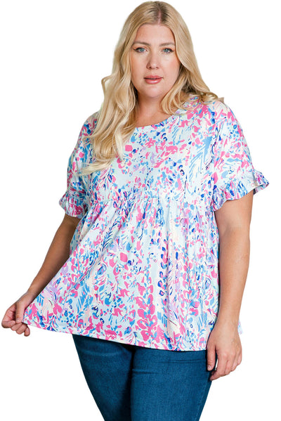 Purple Vibrant Botanical Print Frill Short Sleeve Plus Size Top-Plus Size-MomFashion