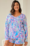 Sky Blue Plus Size Floral Print Long Sleeve and Shorts Lounge Outfit-Plus Size-MomFashion