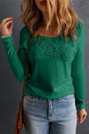 Green Lace Crochet V Neck Long Sleeve Top-Tops-MomFashion