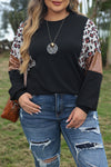 Black Leopard Sequin Patch Plus Size Long Sleeve Top-Plus Size-MomFashion