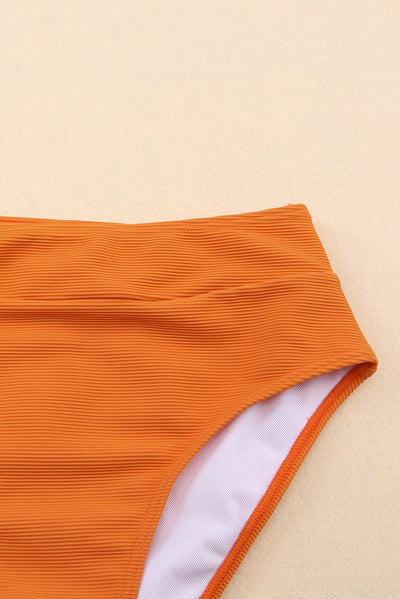 Orange Color Block Spaghetti Strap High Waist Bikini Swimsuit-Swimwear-MomFashion