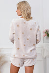 White Plush Star Pattern Long Sleeve Pullover and Shorts Lounge Set-Loungewear-MomFashion