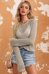 Khaki Hollow-out Knit Long Sleeve Top-Tops-MomFashion