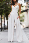 Beige Spaghetti Straps Pleated High Waist Wide Leg Jumpsuit-Bottoms-MomFashion