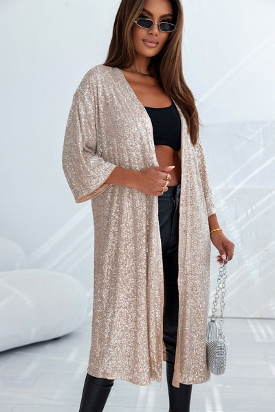 Apricot Sequin 3/4 Sleeve Open Front Duster Kimono-Outerwear-MomFashion