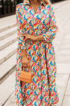 Multicolor Abstract Geometric Print Long Sleeve High Waist Dress-Dresses-MomFashion