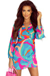 Multicolor Abstract Print Wrap V Neck Puff Sleeve Dress-Dresses-MomFashion