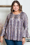 Purple Floral Print Round Neck Plus Size Babydoll Blouse-Plus Size-MomFashion