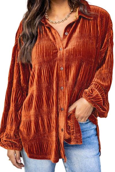 Brown Solid Color Textured Velvet Button Up Shirt-Tops-MomFashion