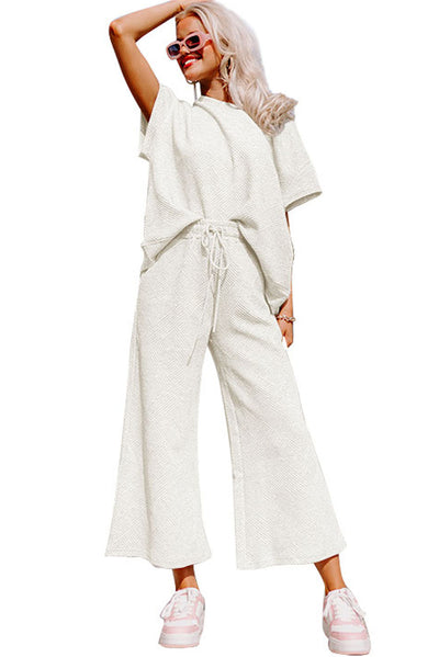 White Textured Loose Fit T Shirt and Drawstring Pants Set-Loungewear-MomFashion