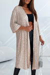 Apricot Sequin 3/4 Sleeve Open Front Duster Kimono-Outerwear-MomFashion