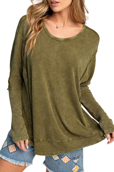 Green Raw Seam Mineral Washed Long Sleeve Top-Tops-MomFashion