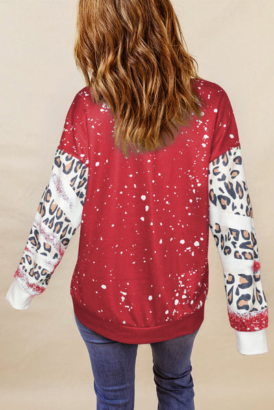 Fiery Red Tie Dye Leopard Drop Shoulder Sweatshirt-Tops-MomFashion