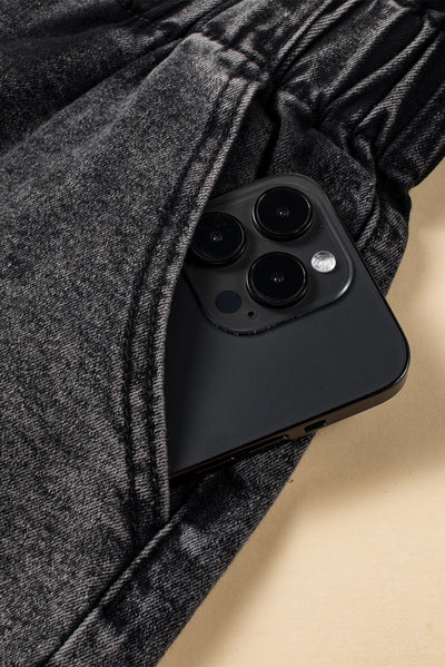 Black Vintage Washed Frilled High Waist Denim Shorts-Bottoms-MomFashion