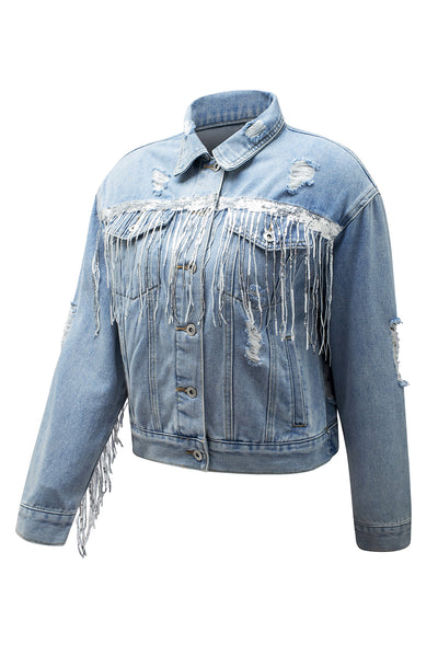 Sky Blue Sequin Embellished Fringe Distressed Denim Jacket-Outerwear-MomFashion