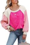 Rose Colorblock Long Sleeve Pullover Fleece Sweatshirt-Tops-MomFashion