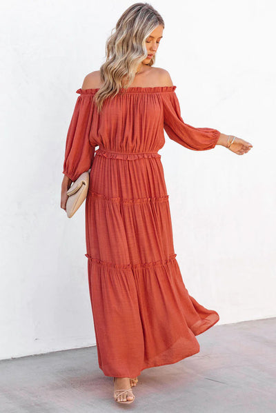 Orange Off Shoulder Balloon Sleeve Cutout Ruffled Maxi Dress-Dresses-MomFashion