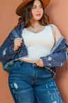 Dark Blue Plus Size Distressed Flap Pocket Denim Jacket-Plus Size-MomFashion