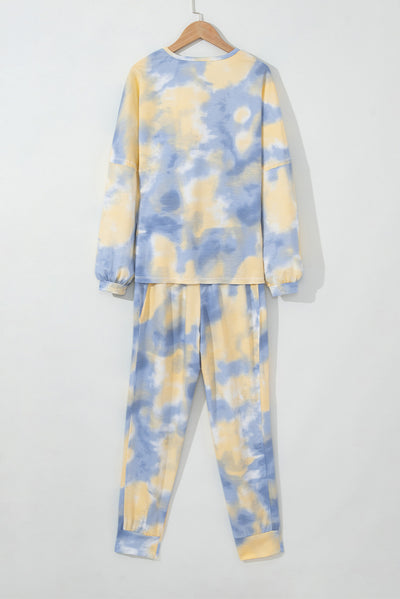 Multicolor Tie Dye Henley Top and Drawstring Pants Outfit-Loungewear-MomFashion