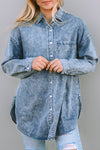 Sky Blue Vintage Washed Chest Pocket Denim Shirt-Tops-MomFashion