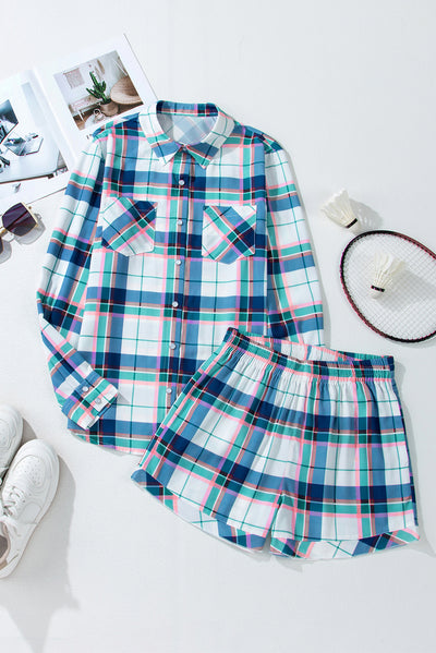 Blue Plaid Print Shirt and Shorts 2Pcs Lounge Set-Loungewear & Sleepwear/Loungewear-MomFashion