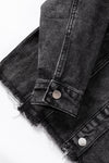 Black Drawstring Hooded Frayed Denim Jacket-Outerwear-MomFashion