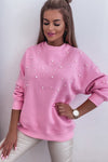 Bonbon Pearl Detail Ribbed Crew Neck Sweatshirt-Tops-MomFashion