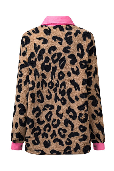 Leopard Contrast Trimmed Leopard Teddy Shacket-Outerwear-MomFashion