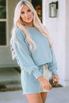 Sky Blue Split Hem Sweatshirt Color Block Shorts Set-Loungewear-MomFashion