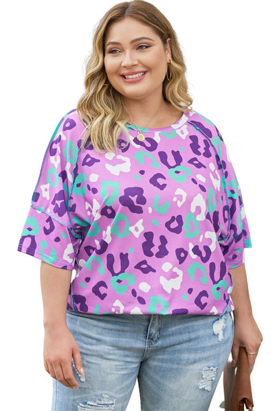 Purple Leopard Kiss Print Plus Size Short Sleeve Tee-Plus Size-MomFashion