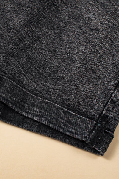 Black Vintage Washed Frilled High Waist Denim Shorts-Bottoms-MomFashion