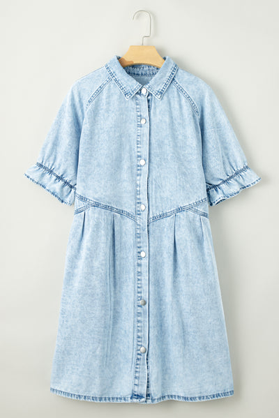 Beau Blue Mineral Wash Ruffled Short Sleeve Buttoned Denim Dress-Dresses-MomFashion