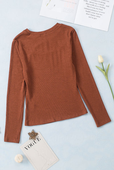 Brown Ribbed Peekaboo Cutout Long Sleeve Top-Tops-MomFashion