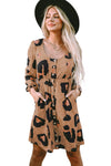 Leopard Print Button Front Bubble Sleeve Loose Knit Dress-Dresses-MomFashion