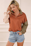 Khaki Exposed Seam Color Block Zipped Sweatshirt-Tops-MomFashion