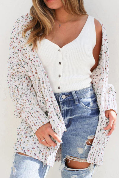 White Confetti Rib Knit Long Sleeve Cardigan-Sweaters & Cardigans/Cardigans-MomFashion