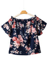 Blue Ruffle Off Shoulder Flounce Sleeve Floral Blouse-Tops-MomFashion